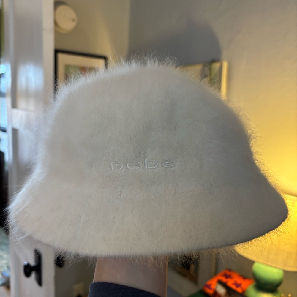Bebe White Fuzzy Bucket Hat